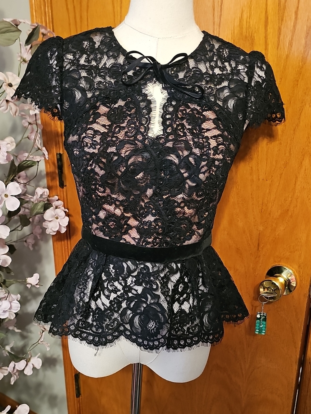 Marchesa Illusion Lace Peplum Top